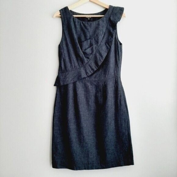 ALLEN B. / Linen & Cotton Blend Herringbone Pattern Dress Navy Blue Sz 10 - Picture 2 of 9